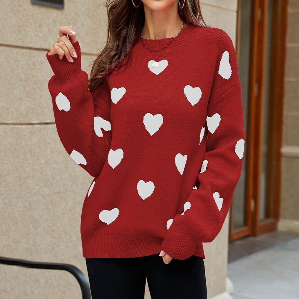 Women's Casual Sweater With Heart Pattern Print Round Neck Fashion Pullover Cute